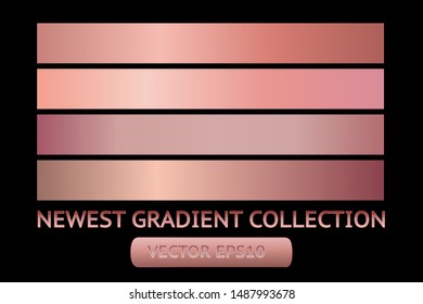 Gold rose metal gradient chrome scratched texture vector icon foil background set for banner, ribbon, label. Shine design collection. Elegant light effect seamless pattern template