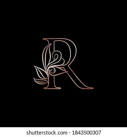 Gold Rose Outline Letter R Luxury Decorative Initial Logo Icon, Elegance  Ornate Deco  Logo Design