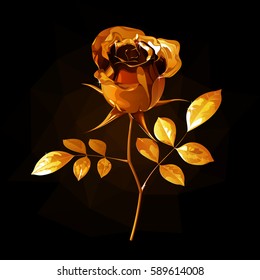 Gold rose with petals and leaves, on a short stalk on a black background with light and glare
