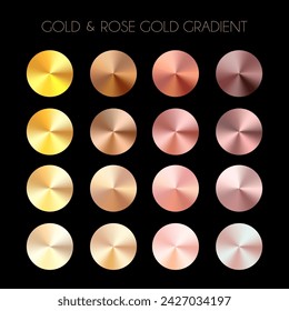 Gold and rose gold radial gradient set. Colors palette. Vector illustration