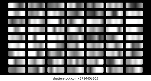 Goldene Rose, Silber, Schwarz und Gold Textur Gradation Hintergrund Set. Metallische Vektorgradienten. Elegante, glänzende große Farbverlauf-Kollektion für Chromknopf, Band, Metallrahmen, Rahmen, Etikettendesign.