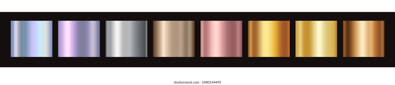 Conjunto de fondo de gradación de textura de plata, plata, bronce, cobre, holográfico y lámina dorada. Vector brillante y colección de degradado metálico para borde, marco, cinta, diseño de etiqueta