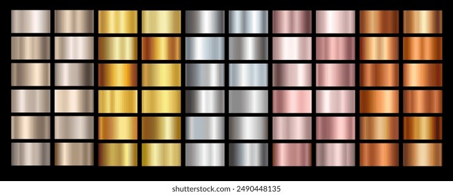 Gold rose, silver, bronze, copper and golden foil texture gradation background set. Vector shiny and metalic gradient collection for border, frame, ribbon, label design