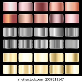 Gold rose, silver, bronze, copper and golden foil texture gradation background set. Vector shiny and metalic gradient collection for border, frame, ribbon, label design. EPS10