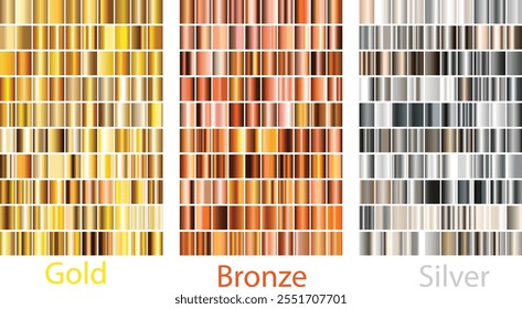 Gold rose, silver, bronze, copper and golden foil texture gradation background set. vector illustration.