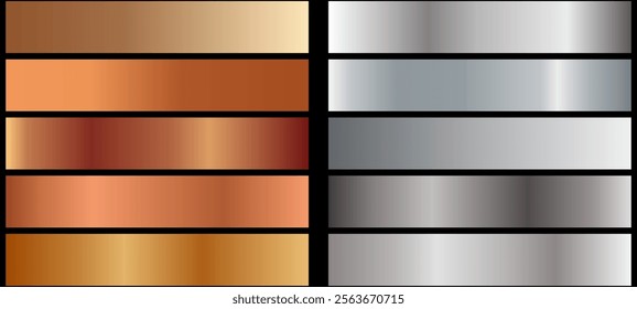 Gold rose, silver, bronze, copper and golden foil texture gradation background set. Vector shiny and metallic gradient collection for border, frame, ribbon, label design