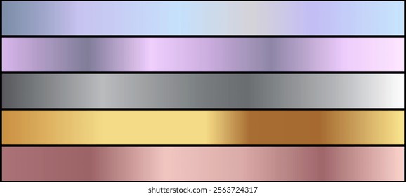 Gold rose, silver, bronze, copper, holographic and golden foil texture gradation background set. Vector shiny and metallic gradient collection for border, ribbon, label design