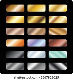 Gold rose, silver, bronze, copper and golden foil texture gradation background set. Vector shiny and metalic gradient collection for border, frame, ribbon, label design. Metal and chrome