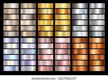 Rosa de ouro, prata, bronze, cobre e folha dourada de gradação de fundo conjunto. Coleção de gradientes metálicos e brilhantes de vetor para design de borda, quadro e fita	