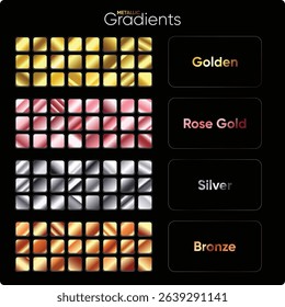 Gold rose, silver, bronze, copper and golden foil texture gradation background set. Vector shiny and metalic gradient collection for border, frame, ribbon, label design. Metal and chrome