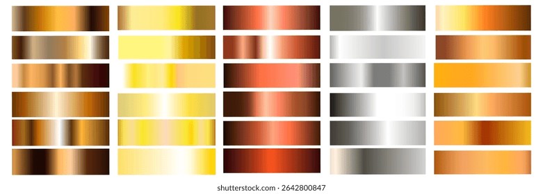 Conjunto de fondo de gradación de textura de lámina de oro, plata, bronce, cobre y oro. Vector brillante y colección de gradiente para borde, marco