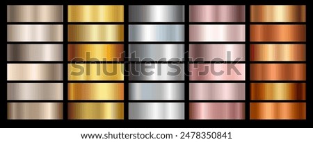 Gold rose, silver, bronze, copper and golden foil texture gradation background set. Vector shiny and metalic gradient collection for border, frame, ribbon, label design