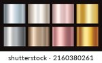Gold rose, silver, bronze and golden foil texture gradation background set. Vector shiny and metalic gradient collection for border, frame, ribbon, label design