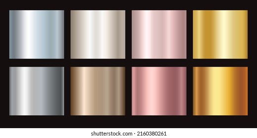 Gold rose, silver, bronze and golden foil texture gradation background set. Vector shiny and metalic gradient collection for border, frame, ribbon, label design