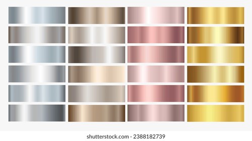 Gold rose, silver, bronze and golden foil texture gradation background set. Vector shiny and metalic gradient collection for border, frame, ribbon, label design