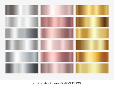 Gold rose, silver, bronze and golden foil texture gradation background set. Vector shiny and metalic gradient collection for border, frame, ribbon, label design