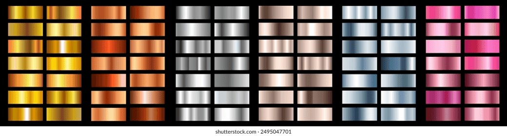 Gold rose, silver, copper, bronze, golden foil texture variation background set, metallic and shiny gradient collection for border, frame, ribbon, label design background