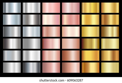 Gold rose, silver and gold foil texture background set. Vector golden elegant, shiny and metal gradient collection for gold pink or chrome border, frame, ribbon, label design - Shutterstock ID 609063287