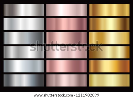 Gold rose, silver and gold foil texture gradation background set. Vector golden elegant, shiny and metalic gradient collection for border, frame, ribbon, label design.