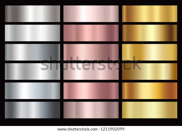 Gold rose, silver and gold\
foil texture gradation background set. Vector golden elegant, shiny\
and metalic gradient collection for border, frame, ribbon, label\
design.