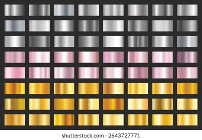 Gouden roos, zilver en gouden hellingen. Metallic glanzende gradiënt, chroom metalen frame. Metalen folie textuur voor glanzende banner en premium label. Vector luxe platen.