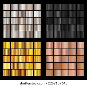 Gold rose, silver gradation background set. Vector shiny hologram and metalic gradient collection for border, frame, ribbon, label design