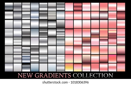 Gold rose silver gradient set background vector icon texture metallic illustration for frame, ribbon, banner, coin and label. Realistic abstract golden design seamless pattern. Shine light template