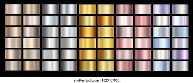 Gold rose, silver, holographic, bronze and golden foil texture gradation background set. Vector shiny hologram and metalic gradient collection for border, frame, ribbon, label design - Shutterstock ID 1823407955