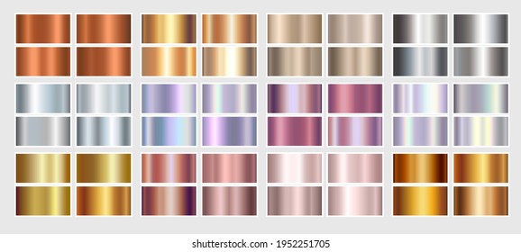 Gold rose, silver, holographic, bronze, copper and golden foil texture gradation background set. Vector shiny hologram and metalic gradient collection for border, frame, ribbon, label design - Shutterstock ID 1952251705