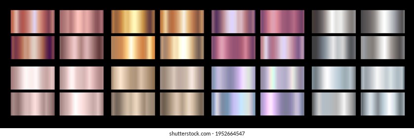 Gold rose, silver, holographic, bronze, copper and golden foil texture gradation background set. Vector shiny hologram and metalic gradient collection for border, frame, ribbon, label design