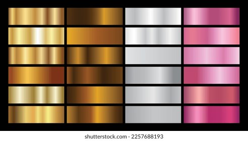 Juego de fondo de color rosa dorado, plata, holografía, bronce y color dorado de la textura de la lámina. Holograma brillante vectorial y recolección de gradientes metálicos para borde, marco, cinta, diseño de etiqueta