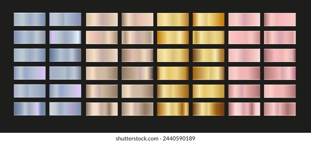 Juego de gradación de texturas de oro rosa, plata, holográfico, bronce y lámina dorada. Holograma brillante del vector y colección de gradiente metálica