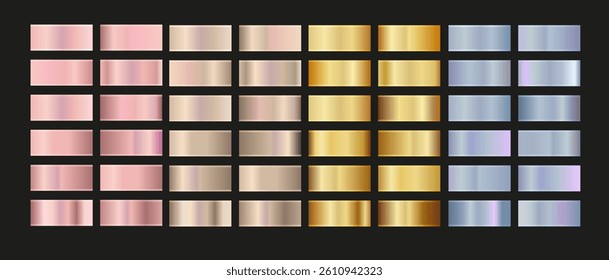 Gold rose, silver, holographic, bronze and golden foil texture gradation set. Vector shiny hologram and metallic gradient collection
