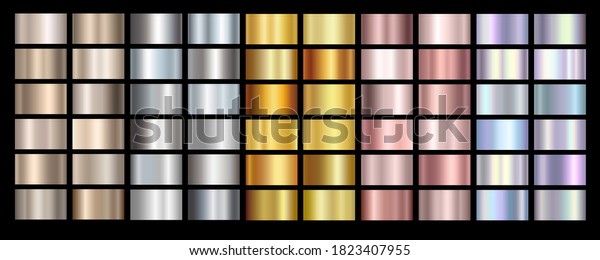 Gold\
rose, silver, holographic, bronze and golden foil texture gradation\
background set. Vector shiny hologram and metalic gradient\
collection for border, frame, ribbon, label\
design