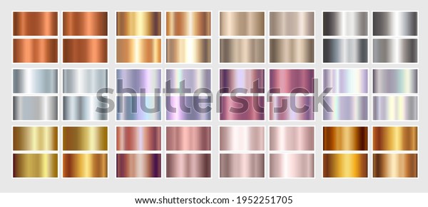 Gold rose, silver, holographic, bronze, copper and\
golden foil texture gradation background set. Vector shiny hologram\
and metalic gradient collection for border, frame, ribbon, label\
design