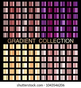 Gold rose, ultraviolet and gold foil texture background set. Vector shiny and metal gradient collection. Design for frame, ribbon, coin, abstract
