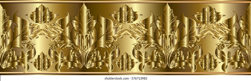 Gold roses border. Damask  pattern. Floral golden  background with  vintage medieval  3d baroque ornaments, antique scroll  leaves and flowers. Luxury  texture for wallpapers, textile, fabric