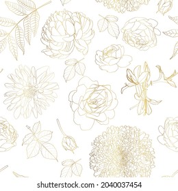 Gold roses, chrysanthemum, aster flower line silhouette pattern , seamless repeatable texture wallpaper on white background.
