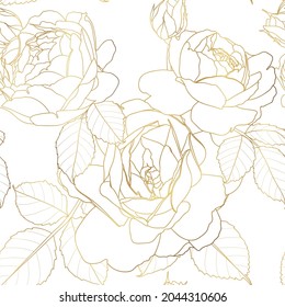 Gold roses flower line silhouette pattern , seamless repeatable texture wallpaper on white background.