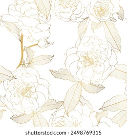 Gold roses flower line silhouette pattern , seamless repeatable texture wallpaper on white background.