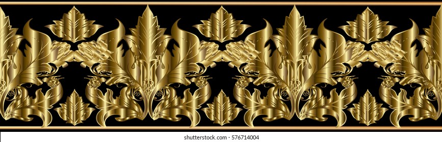 Gold roses seamless border. Baroque pattern. Floral black  background with  vintage  3d damask ornaments, antique scroll  leaves and flowers. Luxury vector  texture for wallpapers, textile, fabric