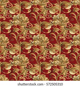 Gold roses seamless pattern. Floral  red background with modern abstract 3d flowers, scroll leaves and antique  baroque ornaments. Vector flowery damask  wallpaper. Flourish stylish fabric  texture.