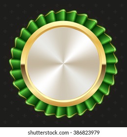 Gold rosette with green ribbon on black background