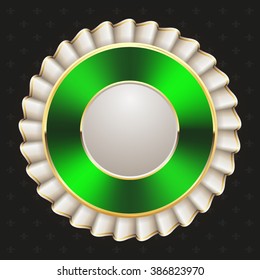 Gold rosette with white ribbon on black background