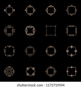 Gold rosette wicker border collection. Vintage vector symbol for decoration text, certificate and page decor in advertising. Business flourish sign and classic logo. Motifs frames and ornate elements.