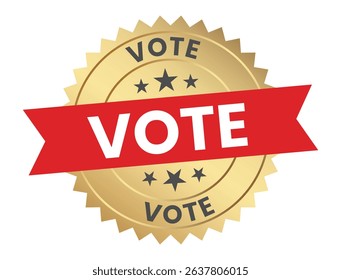 A gold rosette with the word "VOTE" on a red banner and stars, encouraging participation in elections.