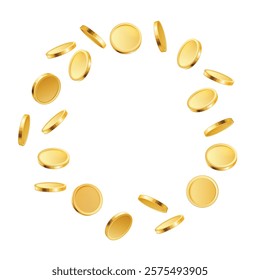 Gold rotating coins. 3d golden realistic coins flying by circle, money prize cash explosion isolated. Vector gambling game, casino and jackpot concept.