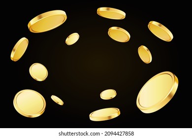 Gold rotating coins. Gambling game, casino 3d golden cash. Background for jackpot win. Flying coins, or flying money. Money vortex. 3d realistic coins. Vector illustration