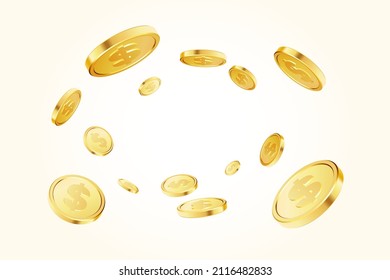 Gold rotating coins. Gambling game, casino 3d golden cash. Background for jackpot win. Flying coins, or flying money. Money vortex. 3d realistic coins. Vector illustration