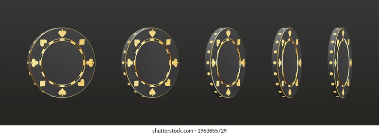 Gold rotating poker vip chips. Gambling game, casino 3d golden chips. Vector illustration